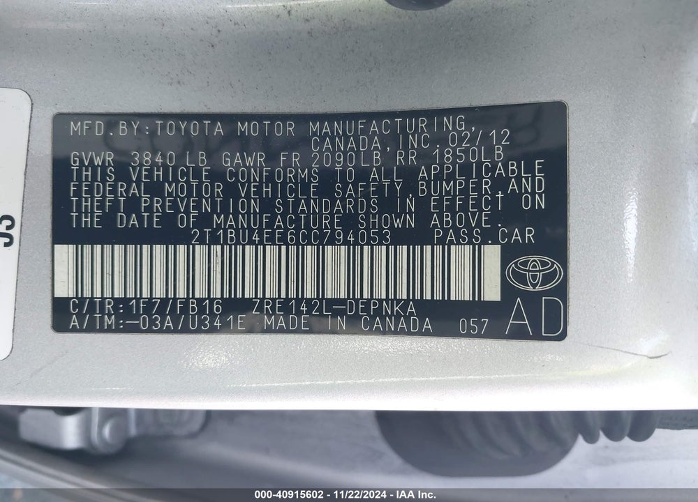 2012 TOYOTA COROLLA LE VIN: 2T1BU4EE6CC794053