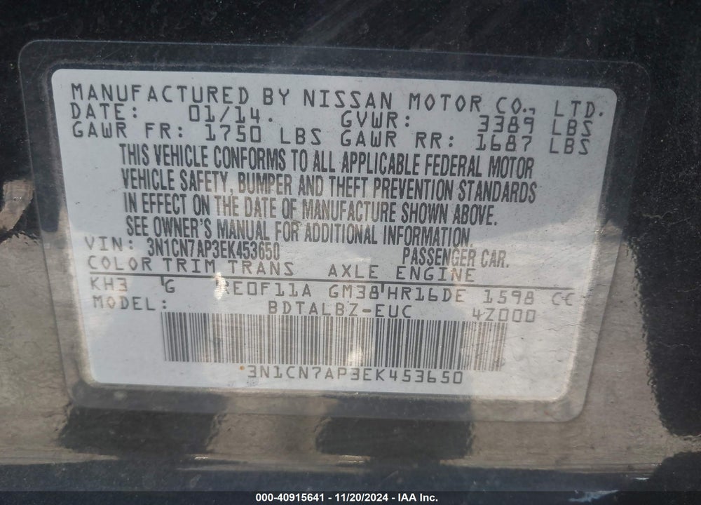 2014 NISSAN VERSA 1.6 S/1.6 S+/1.6 SL/1.6 SV VIN: 3N1CN7AP3EK453650