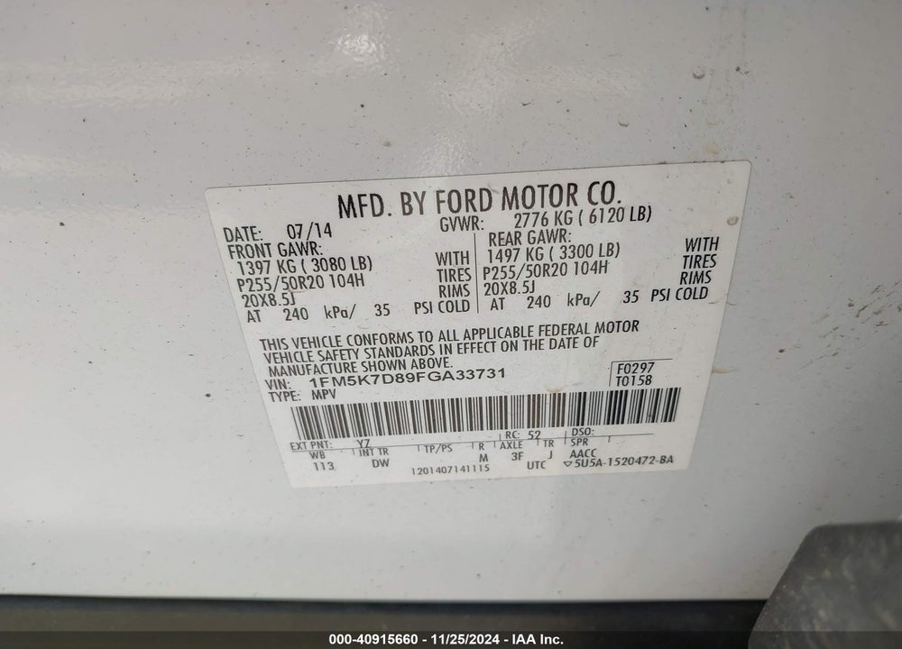 2015 FORD EXPLORER XLT VIN: 1FM5K7D89FGA33731