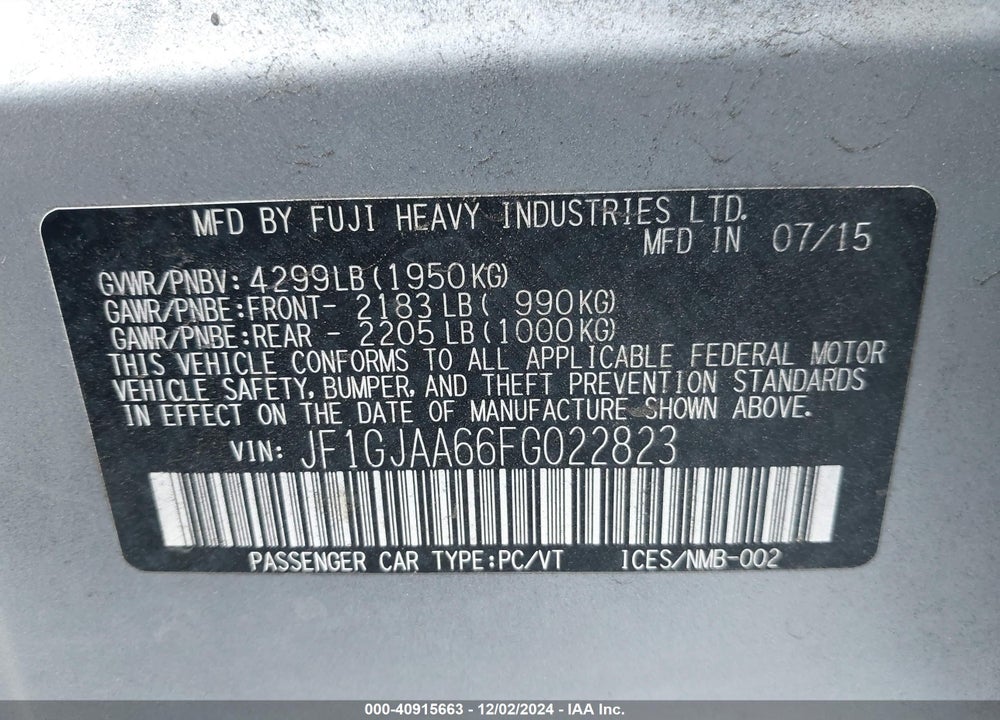 2015 SUBARU IMPREZA 2.0I VIN: JF1GJAA66FG022823