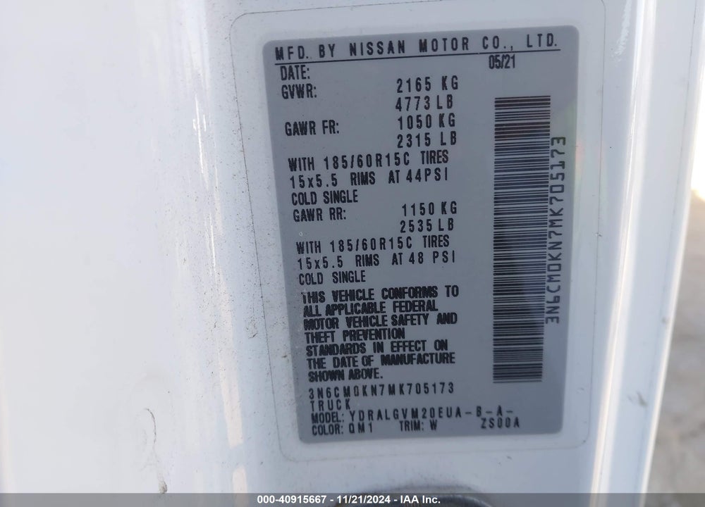 2021 NISSAN NV200 COMPACT CARGO SV XTRONIC CVT VIN: 3N6CM0KN7MK705173