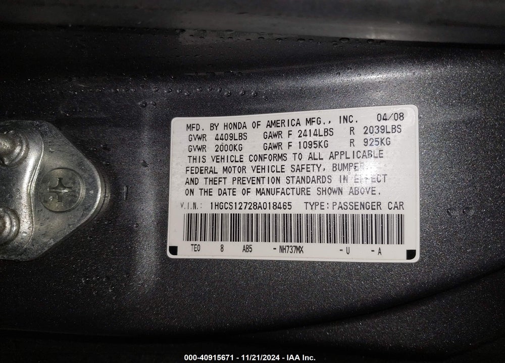 2008 HONDA ACCORD 2.4 EX VIN: 1HGCS12728A018465