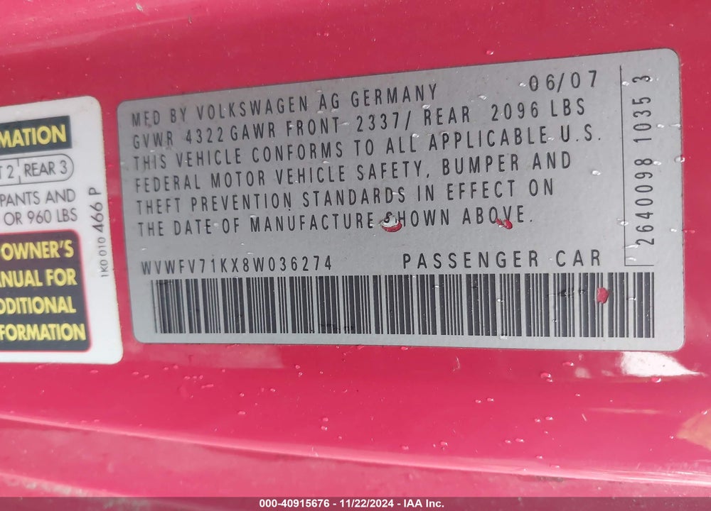 2008 VOLKSWAGEN GTI 2-DOOR VIN: WVWFV71KX8W036274