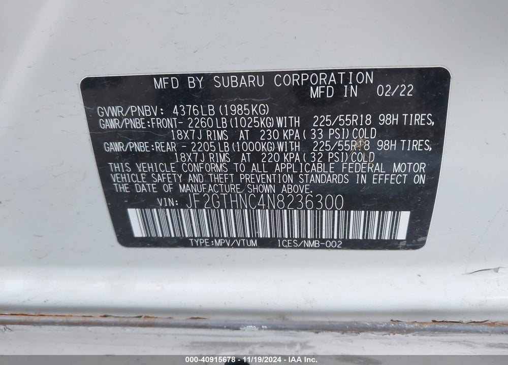 2022 SUBARU CROSSTREK LIMITED VIN: JF2GTHNC4N8236300