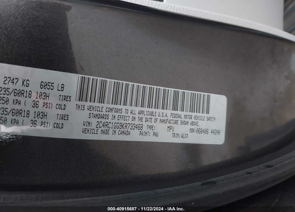 2019 CHRYSLER PACIFICA LIMITED VIN: 2C4RC1GG9KR733468