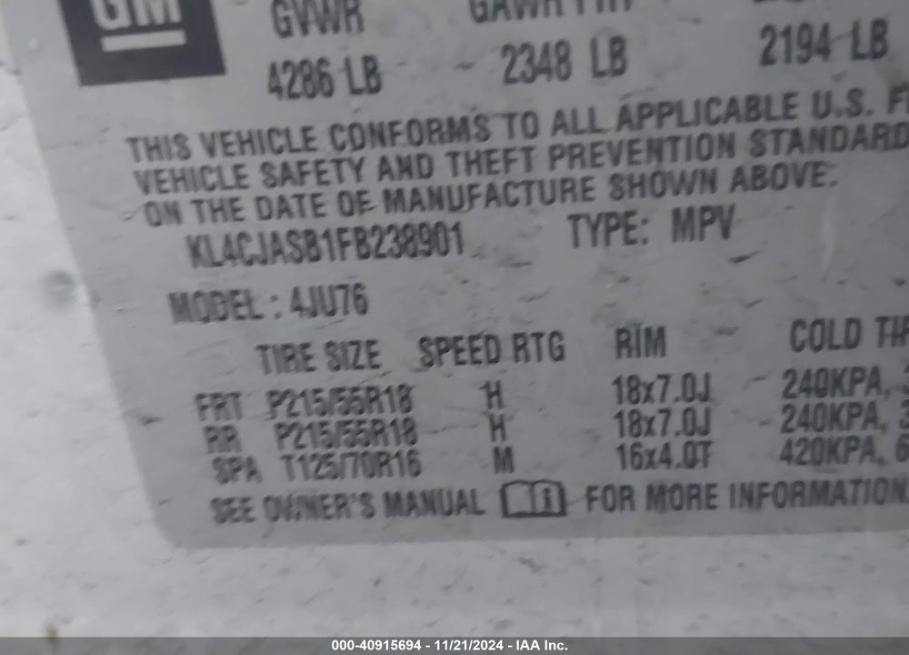 2015 BUICK ENCORE VIN: KL4CJASB1FB238901