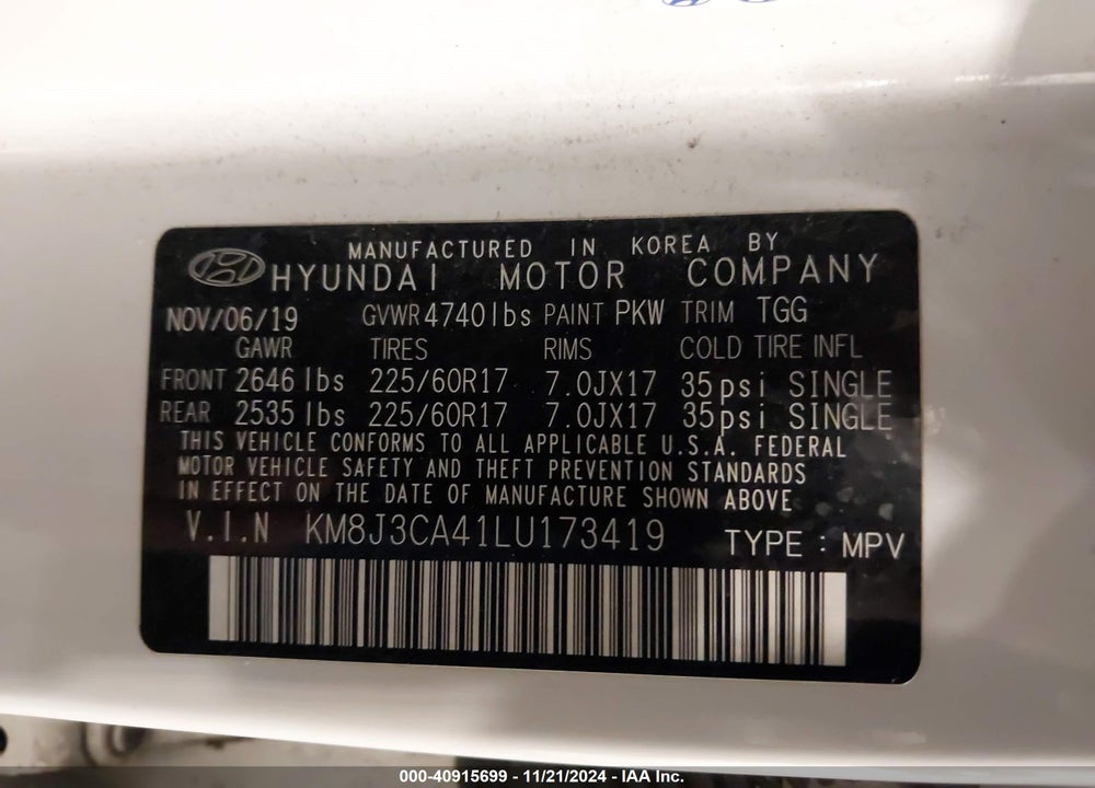 2020 HYUNDAI TUCSON VALUE VIN: KM8J3CA41LU173419