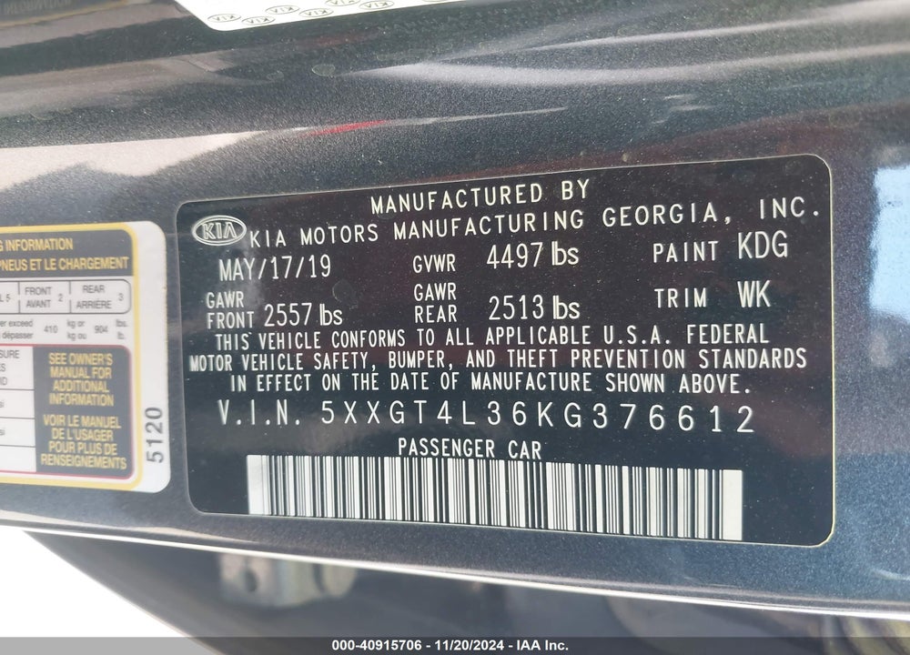 2019 KIA OPTIMA LX VIN: 5XXGT4L36KG376612