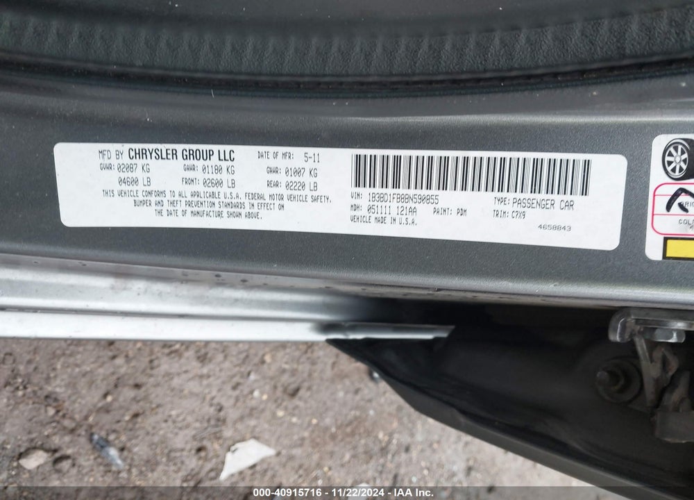 2011 DODGE AVENGER MAINSTREET VIN: 1B3BD1FB8BN590855