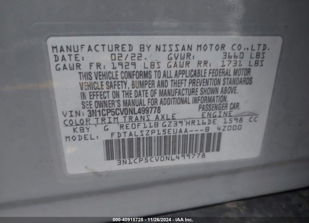 2022 NISSAN KICKS SV XTRONIC CVT VIN: 3N1CP5CV0NL499778