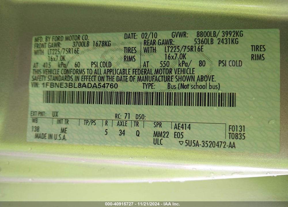 2010 FORD E-350 SUPER DUTY XL/XLT VIN: 1FBNE3BL8ADA54760