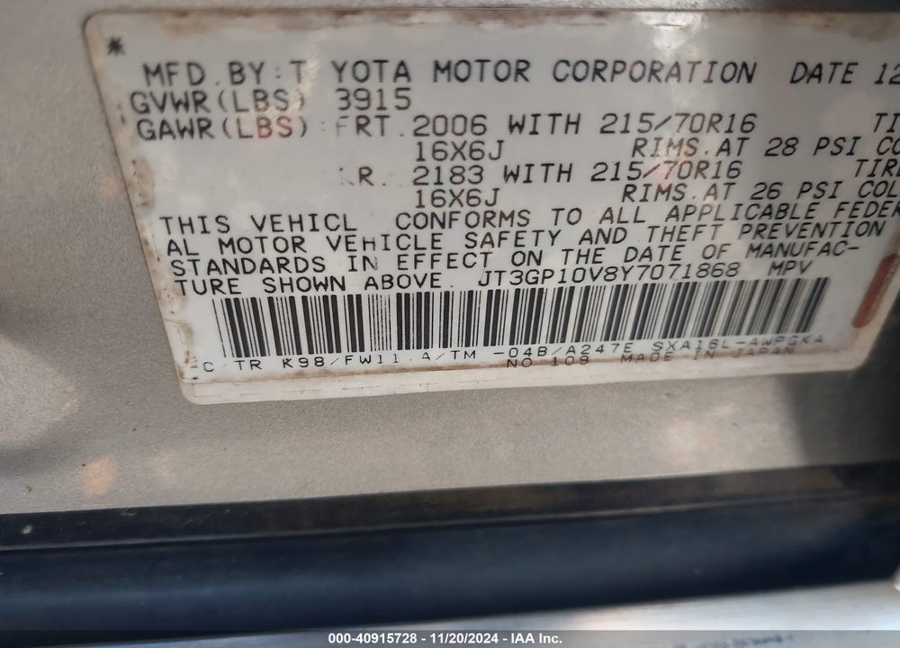 2000 TOYOTA RAV4 VIN: JT3GP10V8Y7071868