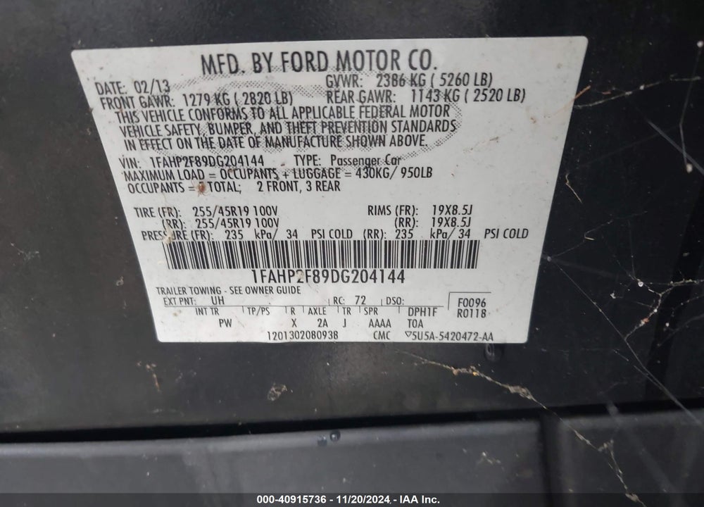 2013 FORD TAURUS LIMITED VIN: 1FAHP2F89DG204144