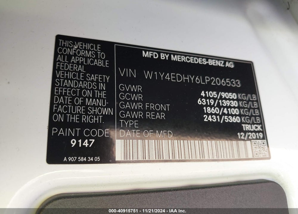 2020 MERCEDES-BENZ SPRINTER 2500 HIGH ROOF V6 VIN: W1Y4EDHY6LP206533