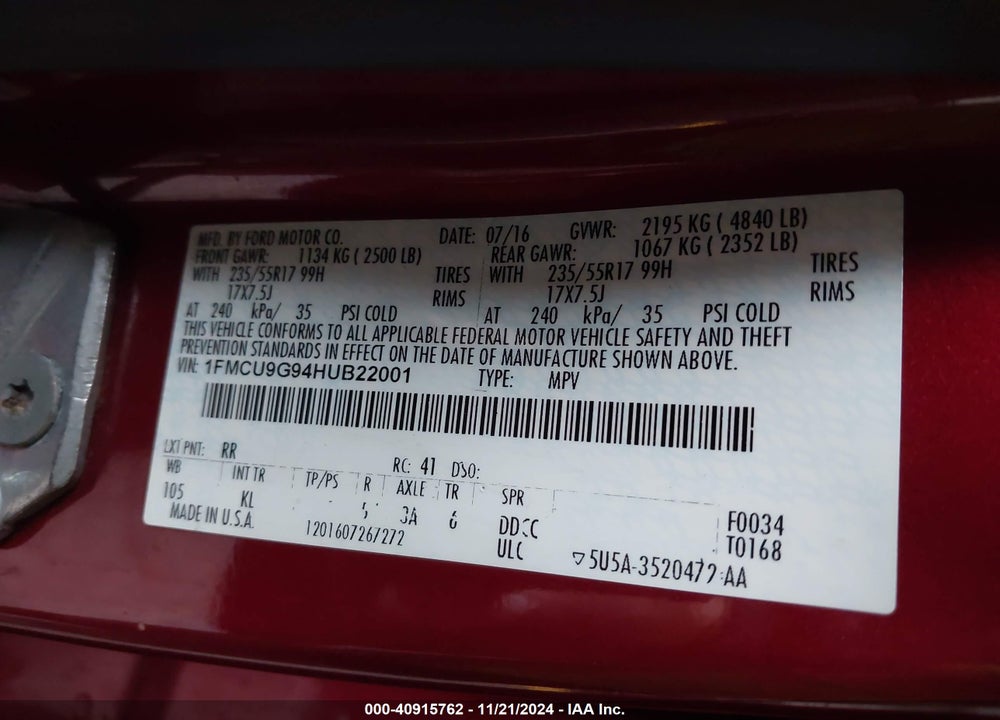 2017 FORD ESCAPE SE VIN: 1FMCU9G94HUB22001
