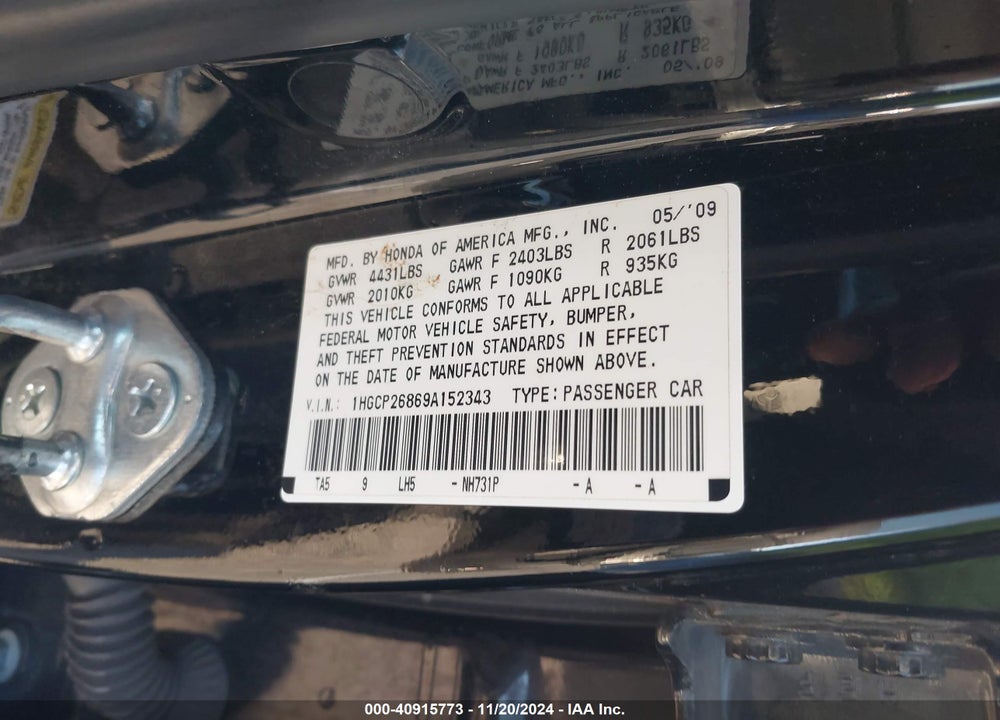 2009 HONDA ACCORD 2.4 EX-L VIN: 1HGCP26869A152343