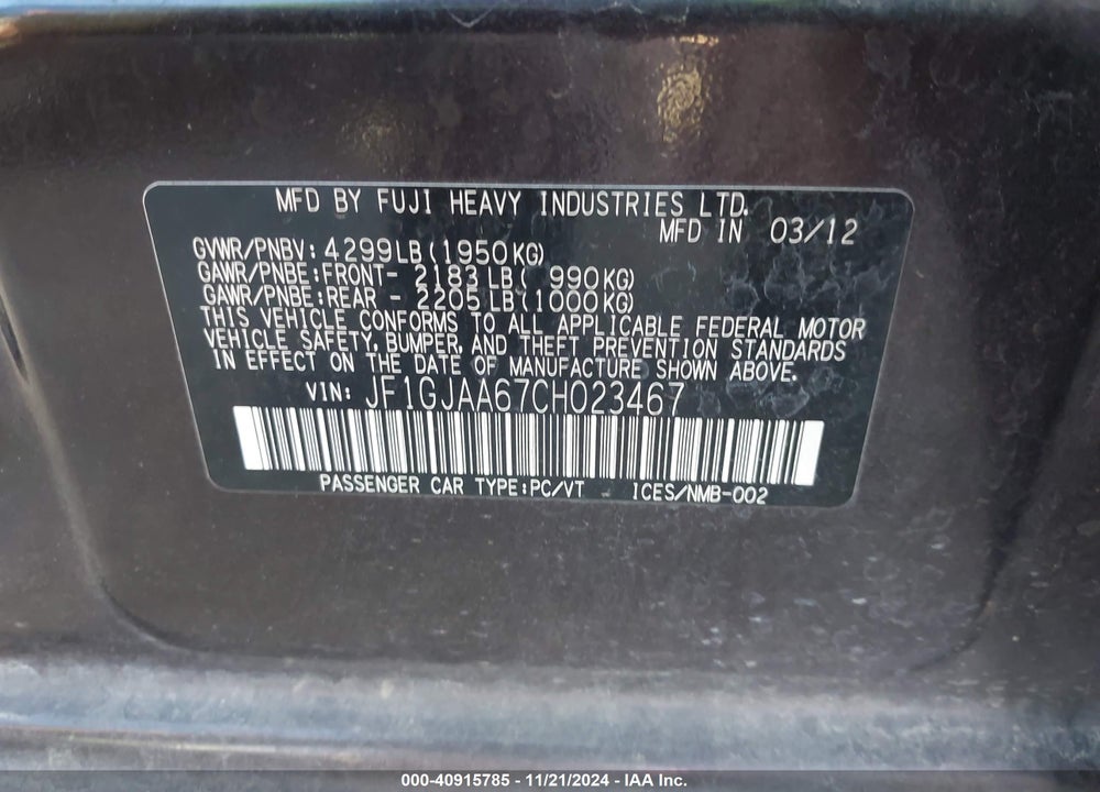 2012 SUBARU IMPREZA 2.0I VIN: JF1GJAA67CH023467