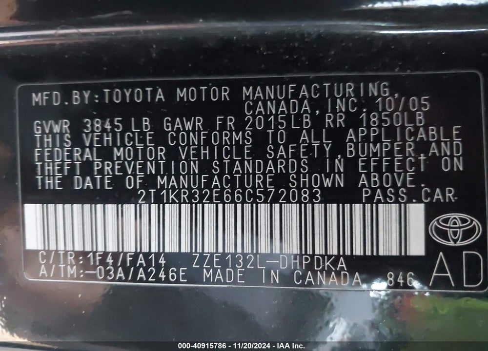 2006 TOYOTA MATRIX VIN: 2T1KR32E66C572083