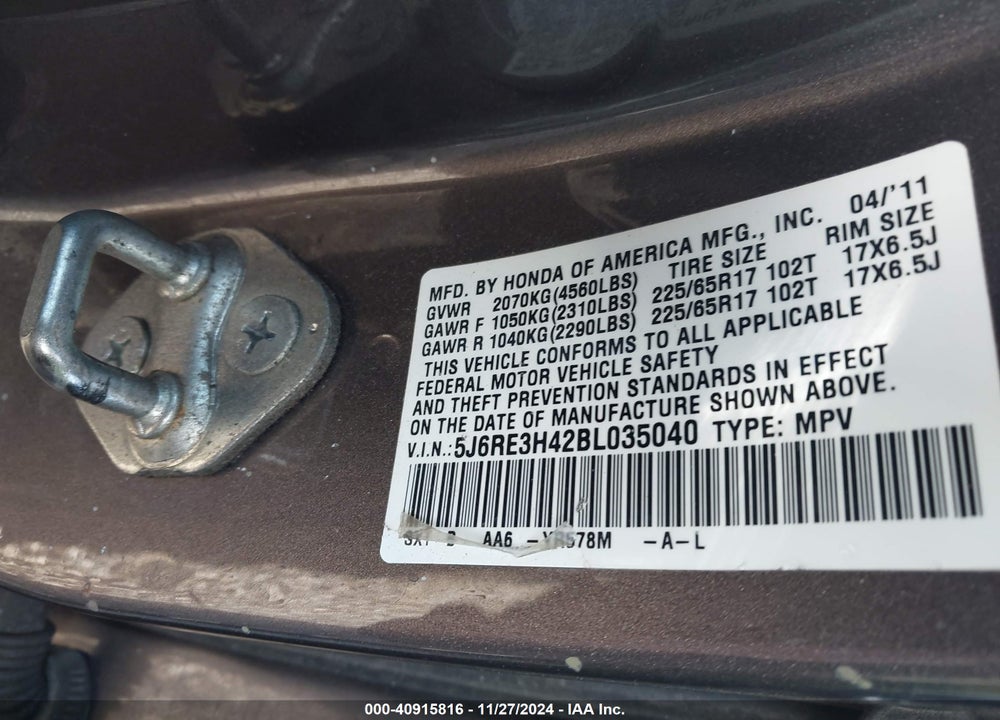 2011 HONDA CR-V SE VIN: 5J6RE3H42BL035040