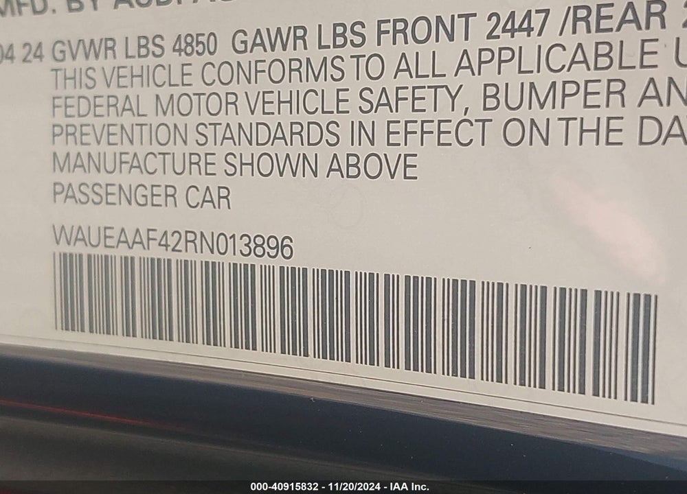 2024 AUDI A4 PREMIUM PLUS 45 TFSI S LINE QUATTRO S TRONIC VIN: WAUEAAF42RN013896