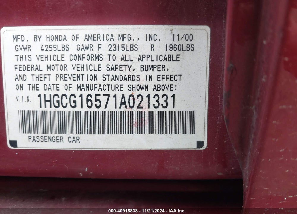2001 HONDA ACCORD 3.0 EX VIN: 1HGCG16571A021331