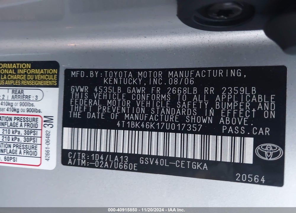 2007 TOYOTA CAMRY XLE V6 VIN: 4T1BK46K17U017357