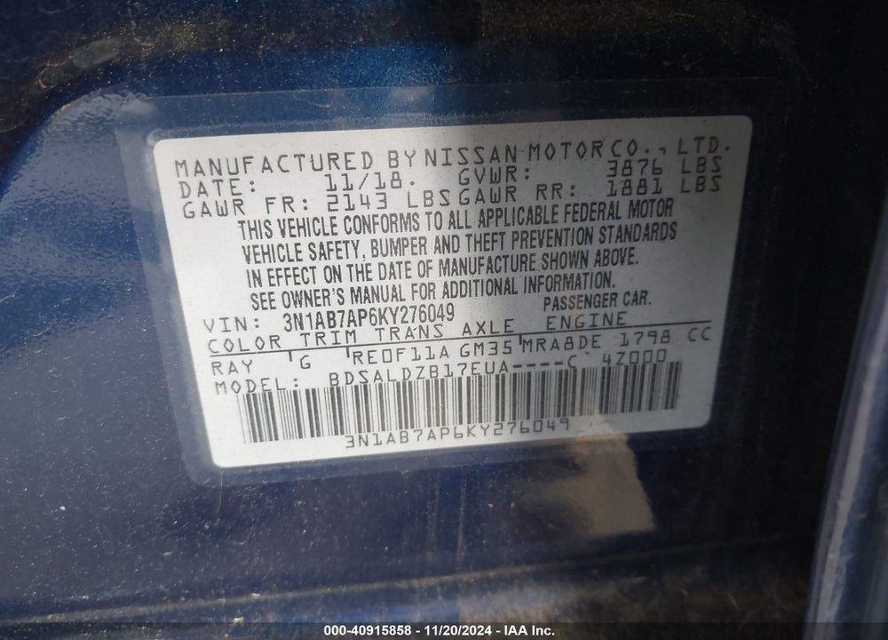 2019 NISSAN SENTRA SV VIN: 3N1AB7AP6KY276049