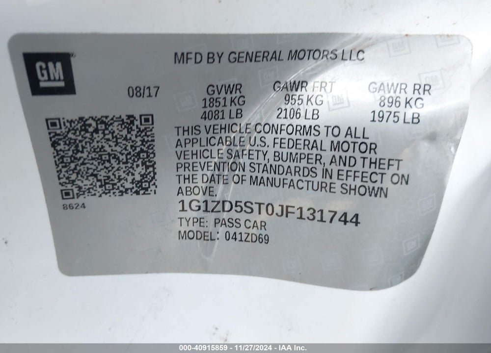 2018 CHEVROLET MALIBU LT VIN: 1G1ZD5ST0JF131744