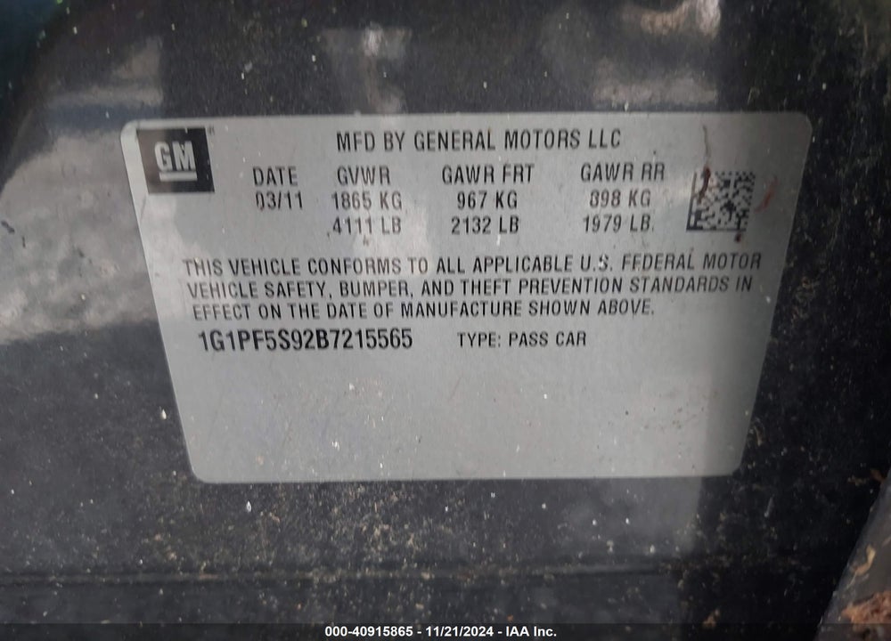 2011 CHEVROLET CRUZE 1LT VIN: 1G1PF5S92B7215565