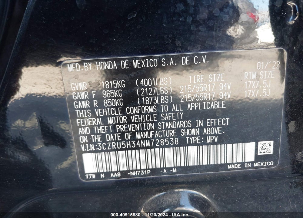 2022 HONDA HR-V 2WD LX VIN: 3CZRU5H34NM728538