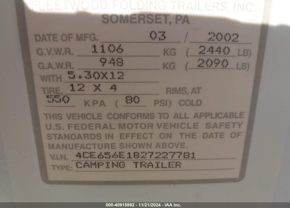 2002 COLEMAN YUMA VIN: 4CE656E1827227781