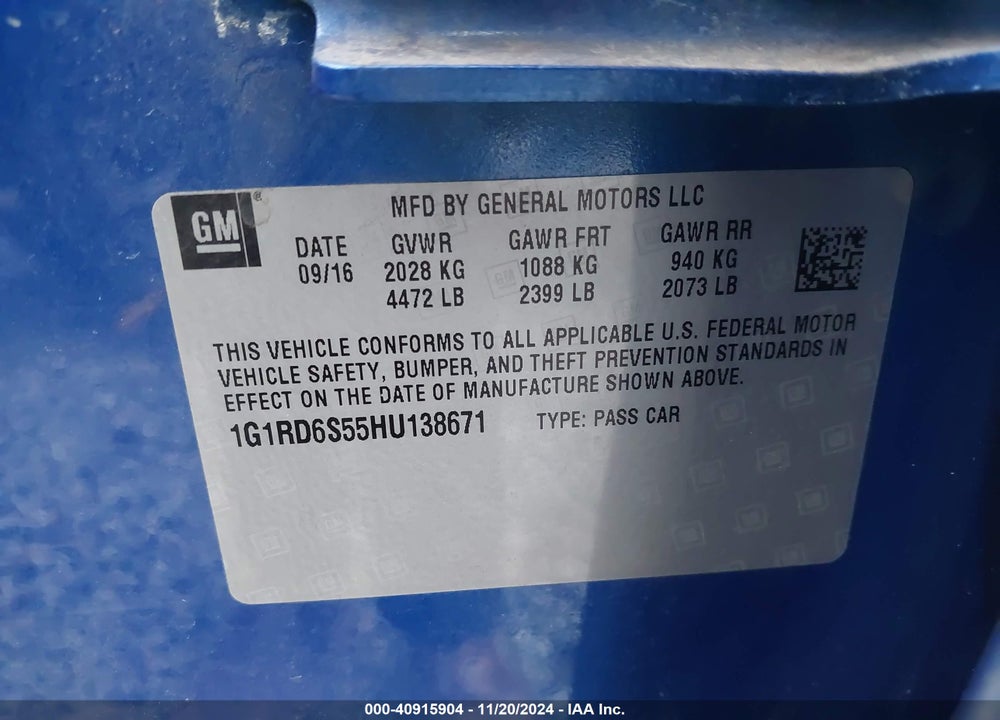 2017 CHEVROLET VOLT PREMIER VIN: 1G1RD6S55HU138671
