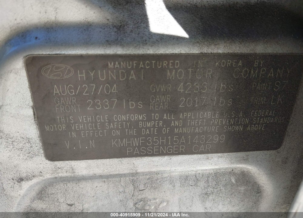 2005 HYUNDAI SONATA GLS/LX VIN: KMHWF35H15A143299