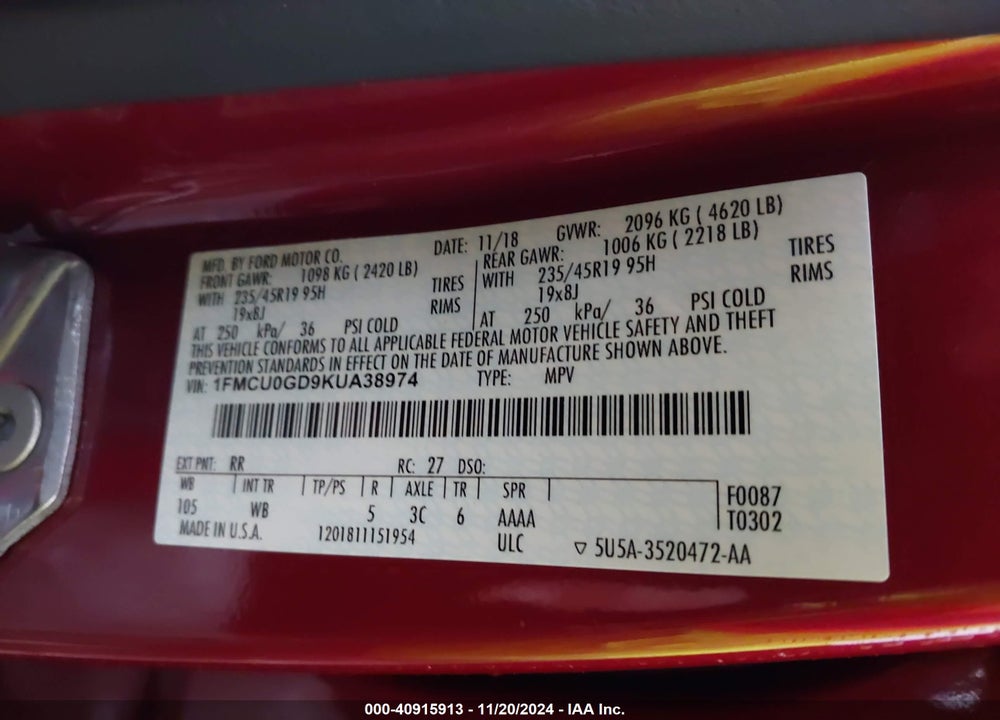 2019 FORD ESCAPE SE VIN: 1FMCU0GD9KUA38974