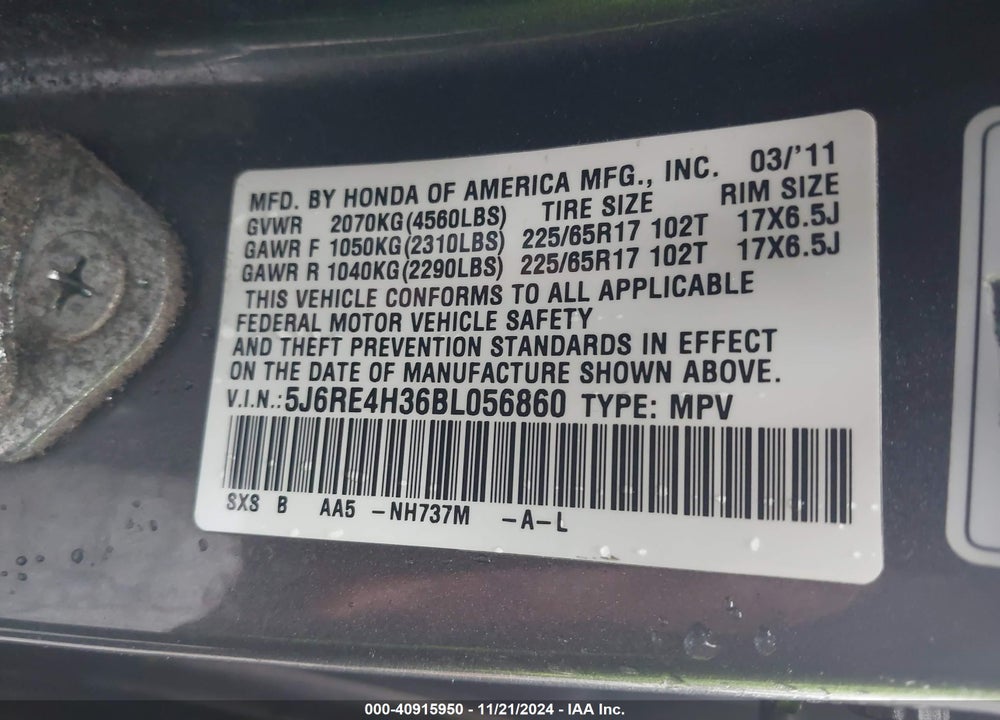 2011 HONDA CR-V LX VIN: 5J6RE4H36BL056860