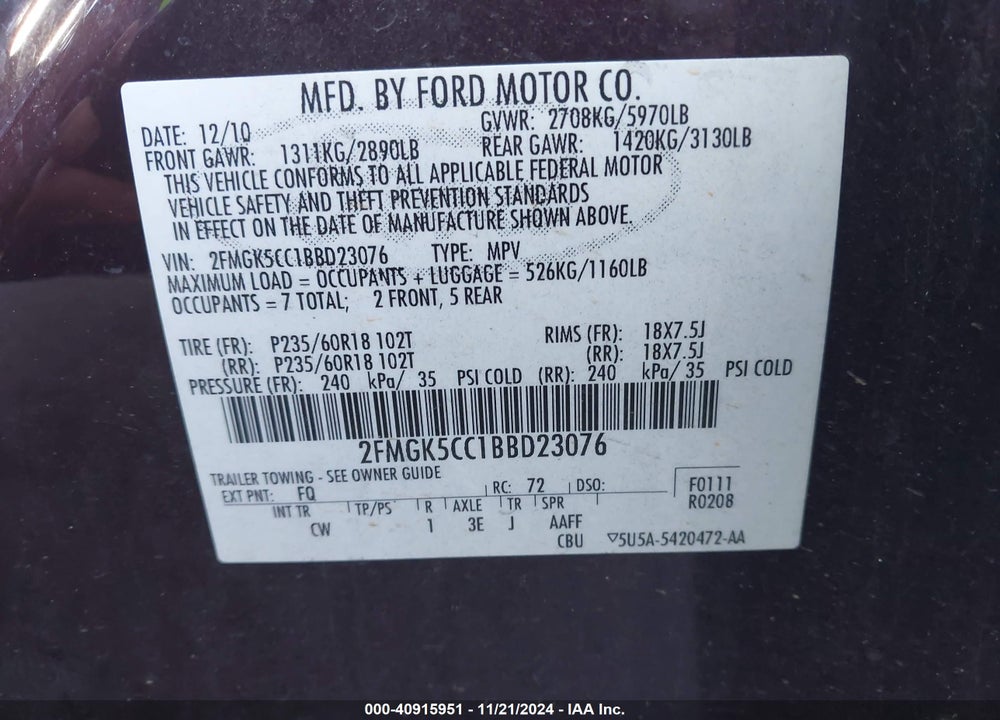 2011 FORD FLEX SEL VIN: 2FMGK5CC1BBD23076