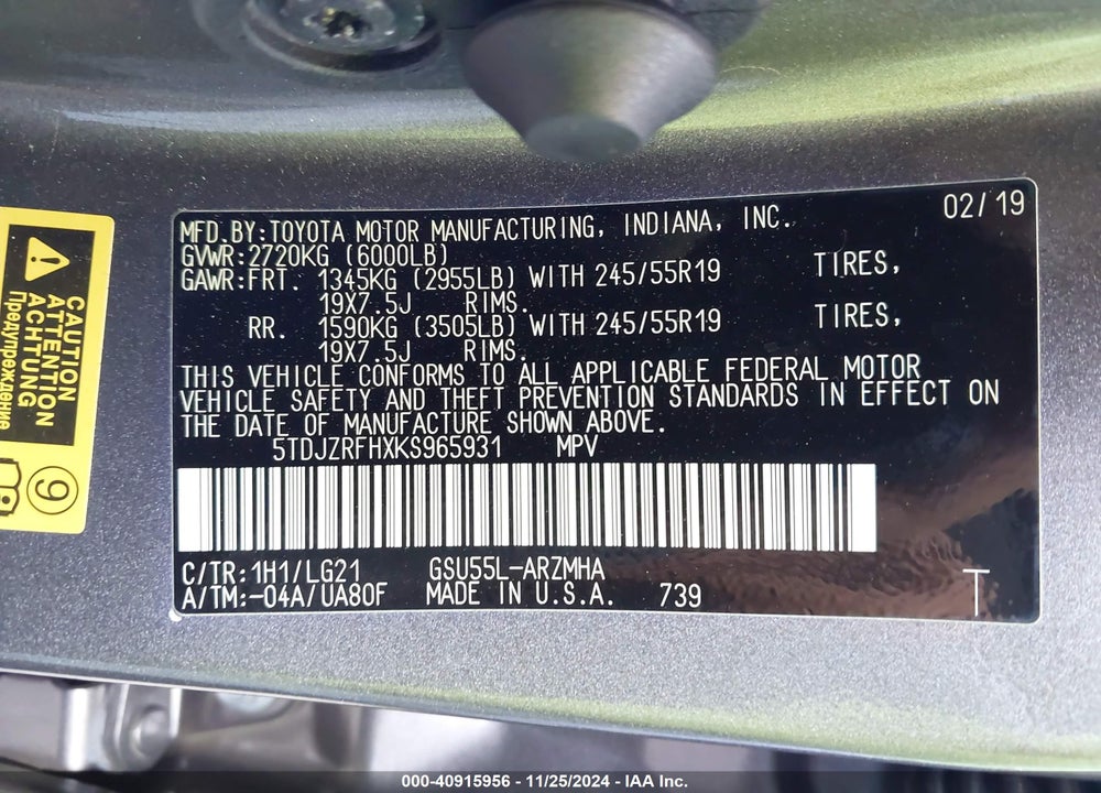 2019 TOYOTA HIGHLANDER SE VIN: 5TDJZRFHXKS965931
