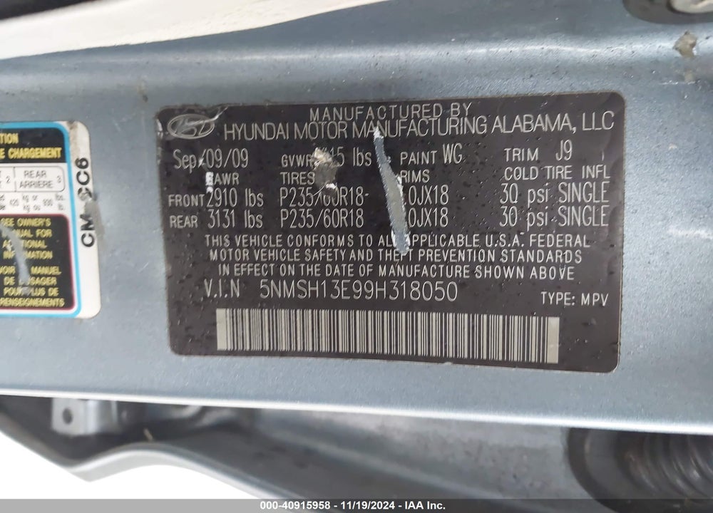 2009 HYUNDAI SANTA FE LIMITED VIN: 5NMSH13E99H318050