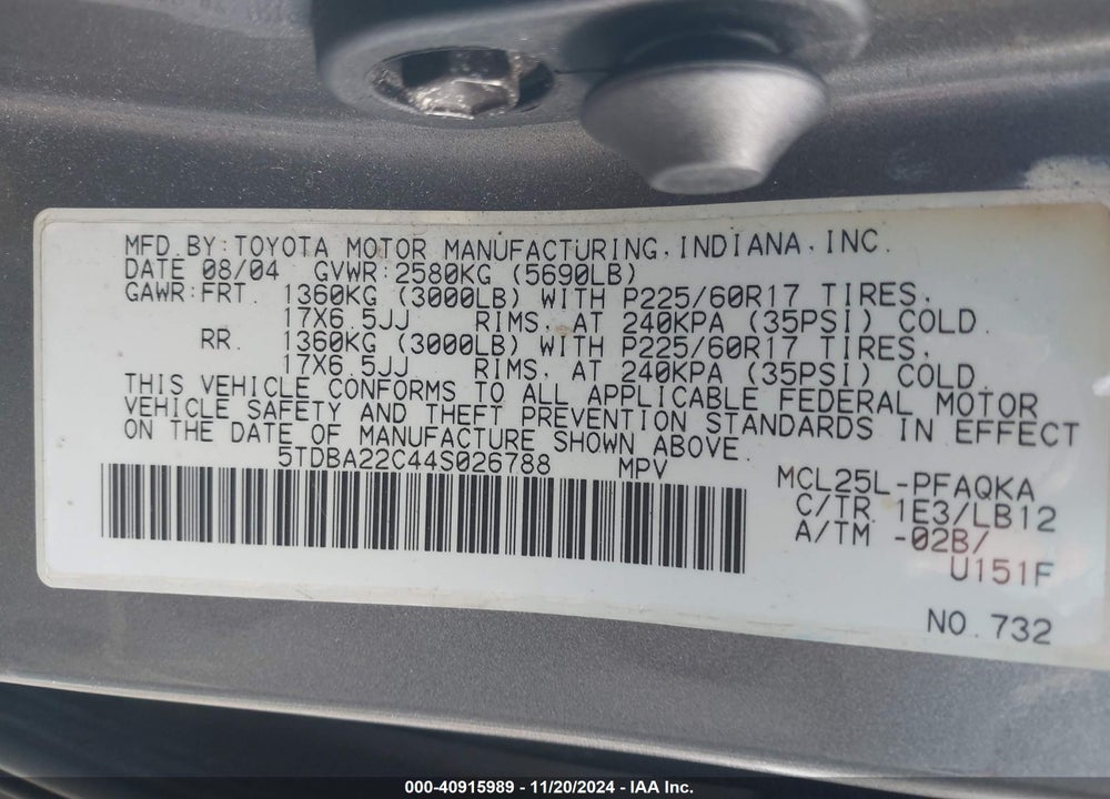 2004 TOYOTA SIENNA XLE LIMITED VIN: 5TDBA22C44S026788