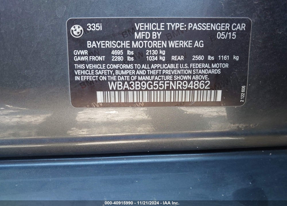 2015 BMW 335I XDRIVE VIN: WBA3B9G55FNR94862