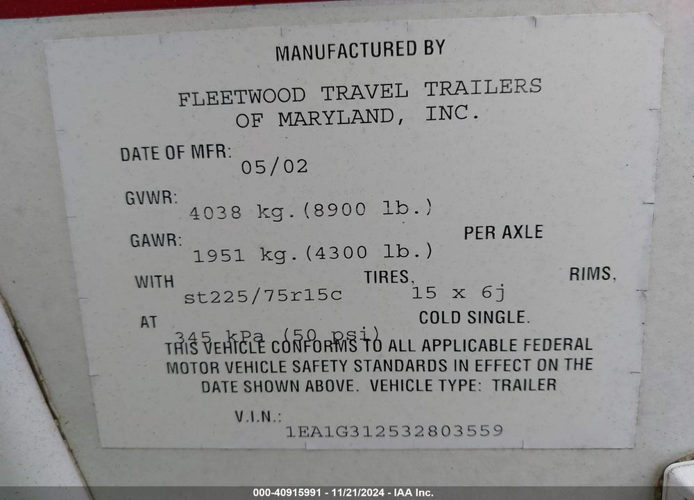 2003 FLEETWOOD ENTERPRISE VIN: 1EA1G312532803559