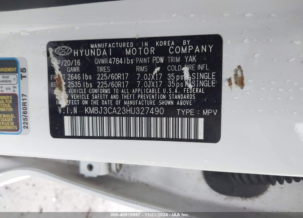 2017 HYUNDAI TUCSON ECO VIN: KM8J3CA23HU327490