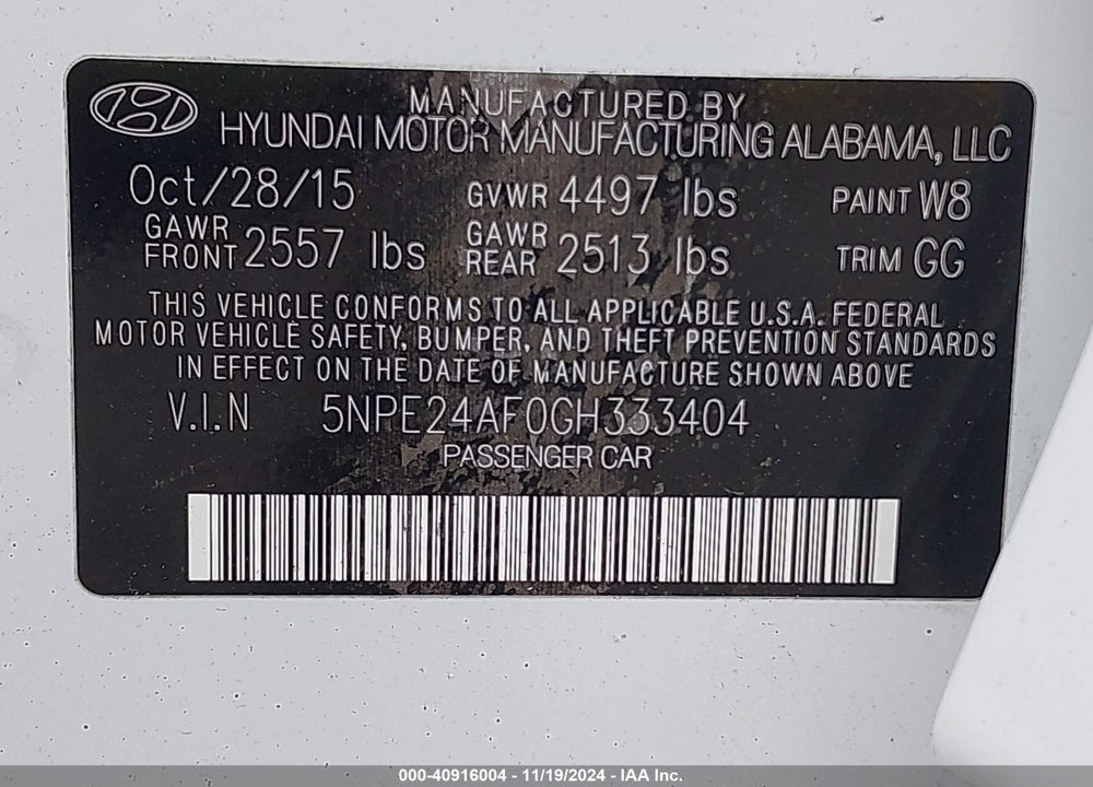 2016 HYUNDAI SONATA SE VIN: 5NPE24AF0GH333404