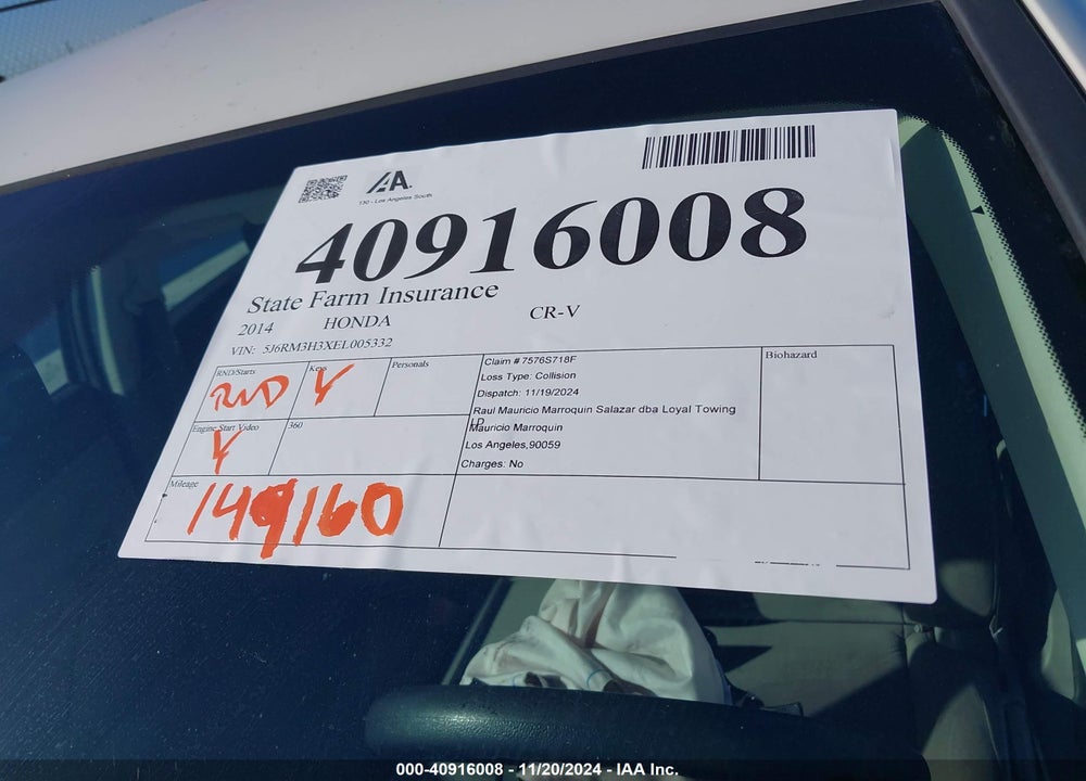2014 HONDA CR-V LX VIN: 5J6RM3H3XEL005332