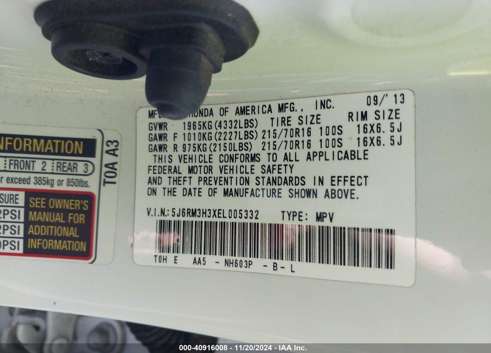 2014 HONDA CR-V LX VIN: 5J6RM3H3XEL005332