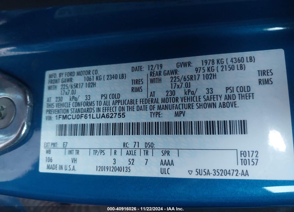 2020 FORD ESCAPE S VIN: 1FMCU0F61LUA62755
