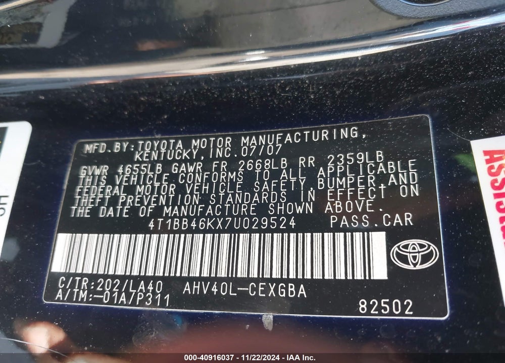 2007 TOYOTA CAMRY HYBRID VIN: 4T1BB46KX7U029524
