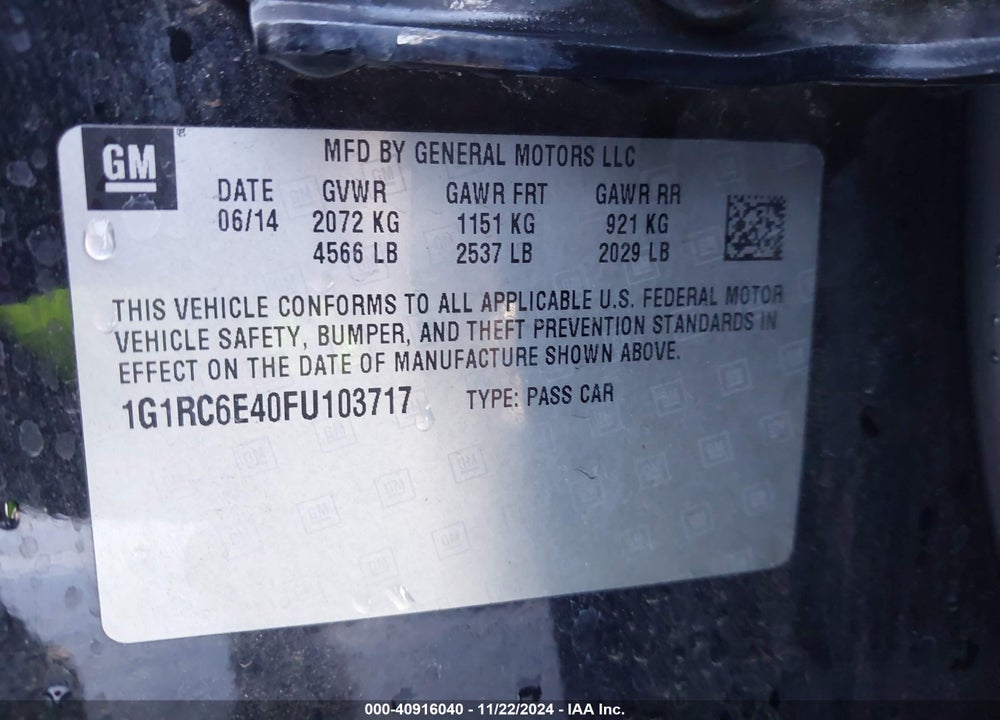 2015 CHEVROLET VOLT VIN: 1G1RC6E40FU103717