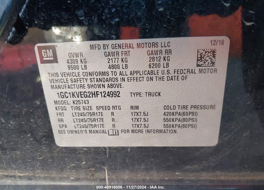 2017 CHEVROLET SILVERADO 2500HD LT VIN: 1GC1KVEG2HF124992
