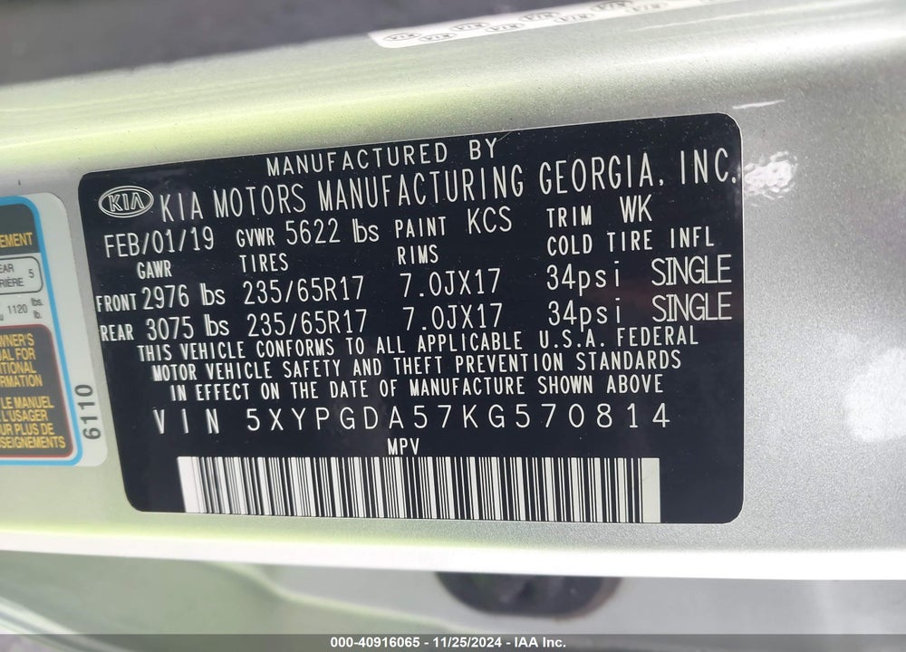 2019 KIA SORENTO 3.3L LX VIN: 5XYPGDA57KG570814